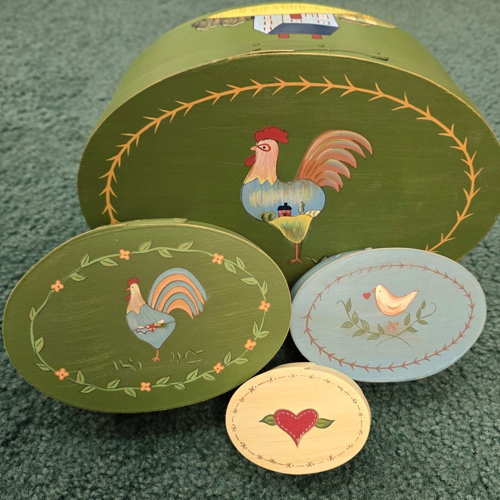 Vintage‎ Russ Primitive Folk Art Nesting Shaker Boxes 4 Rooster Farmhouse Green